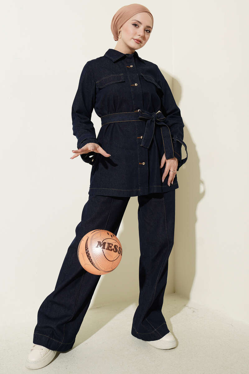 Belted Denim Two-Piece Set with Gold Ball Buttons - Navy