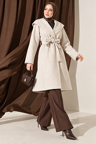 Belted Hooded Felt Coat - Stone