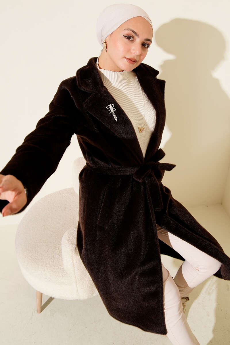 Belted Felt Coat - Dark Brown