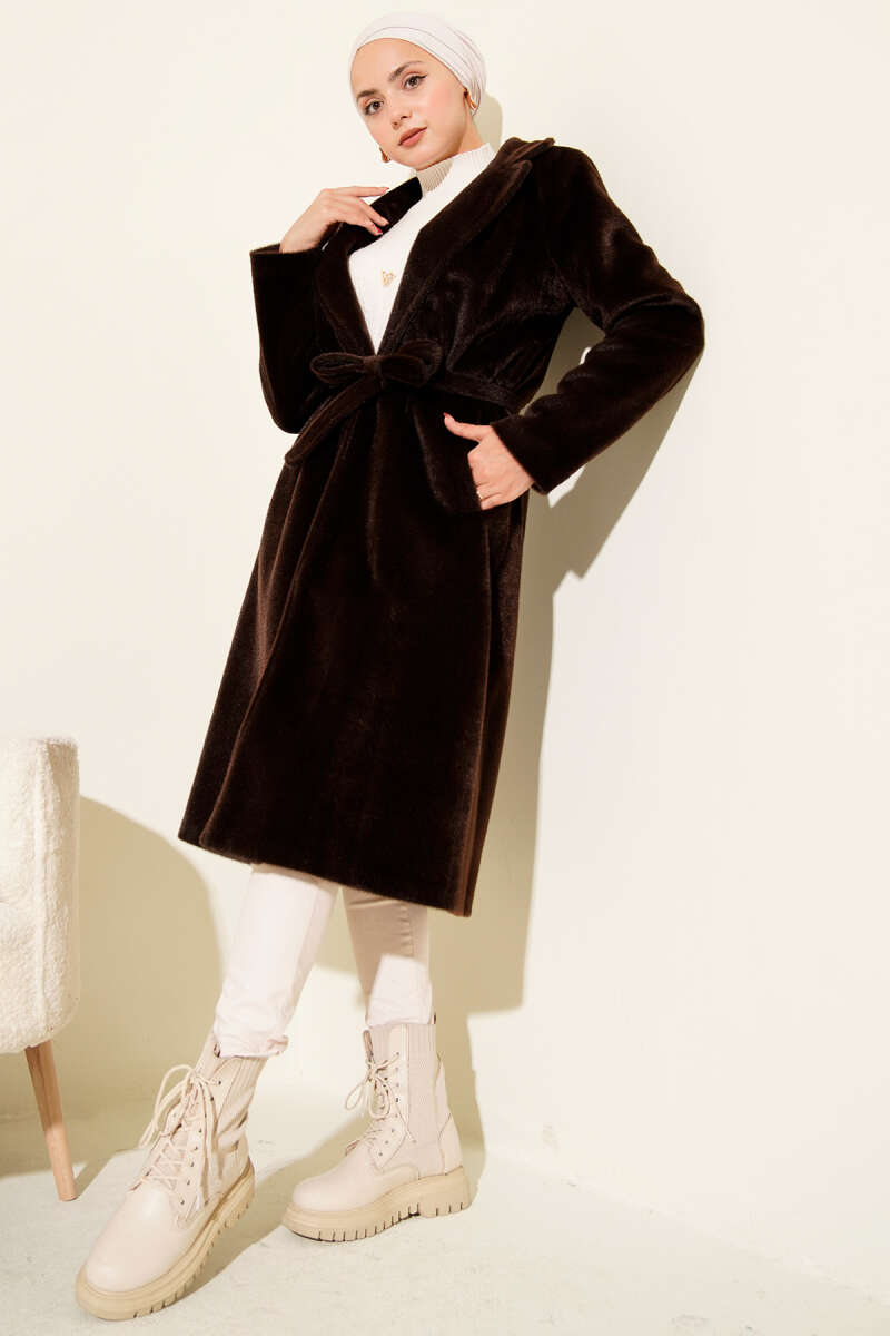 Belted Felt Coat - Dark Brown