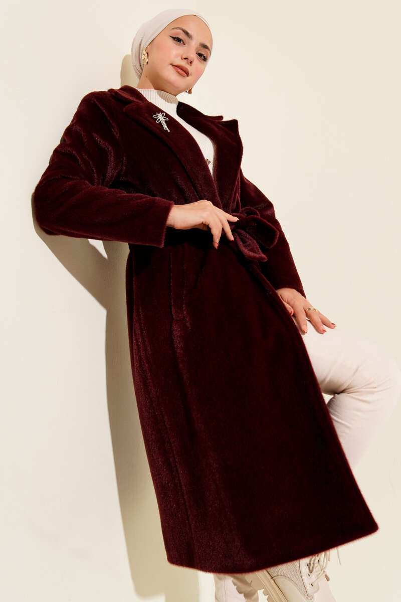 Belted Felt Coat - Burgundy