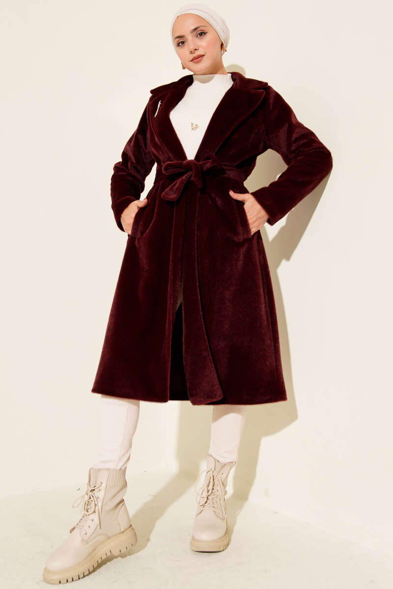 Belted Felt Coat - Burgundy