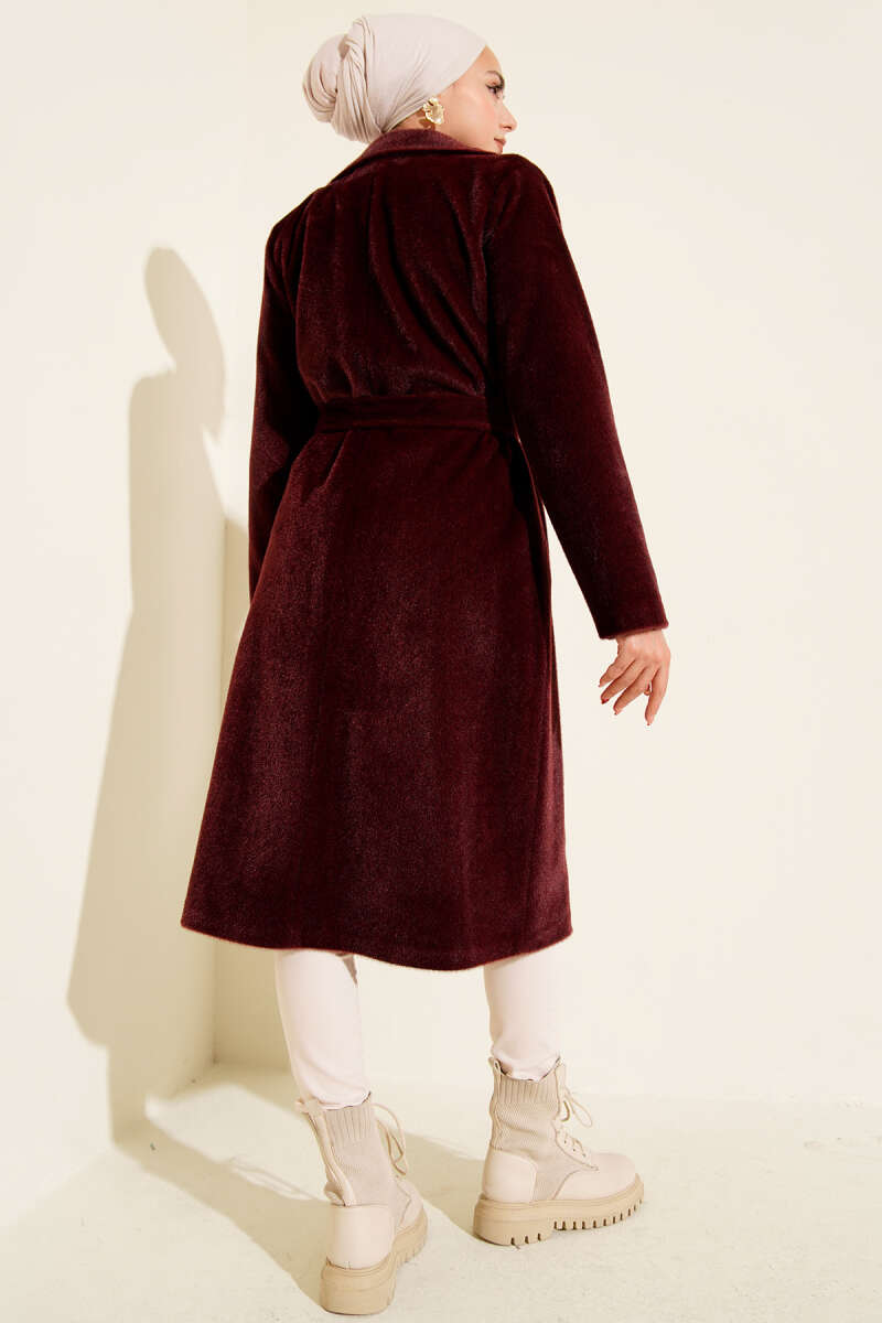 Belted Felt Coat - Burgundy