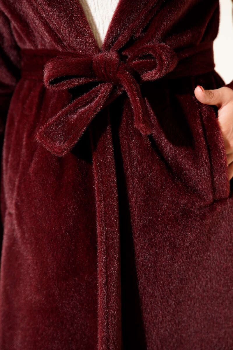 Belted Felt Coat - Burgundy