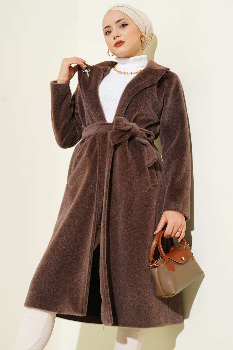 Belted Felt Coat - Brown