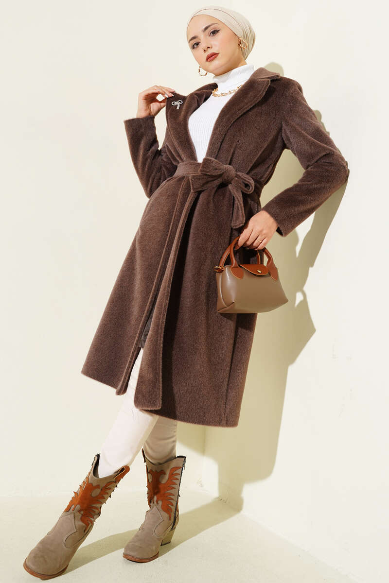 Belted Felt Coat - Brown