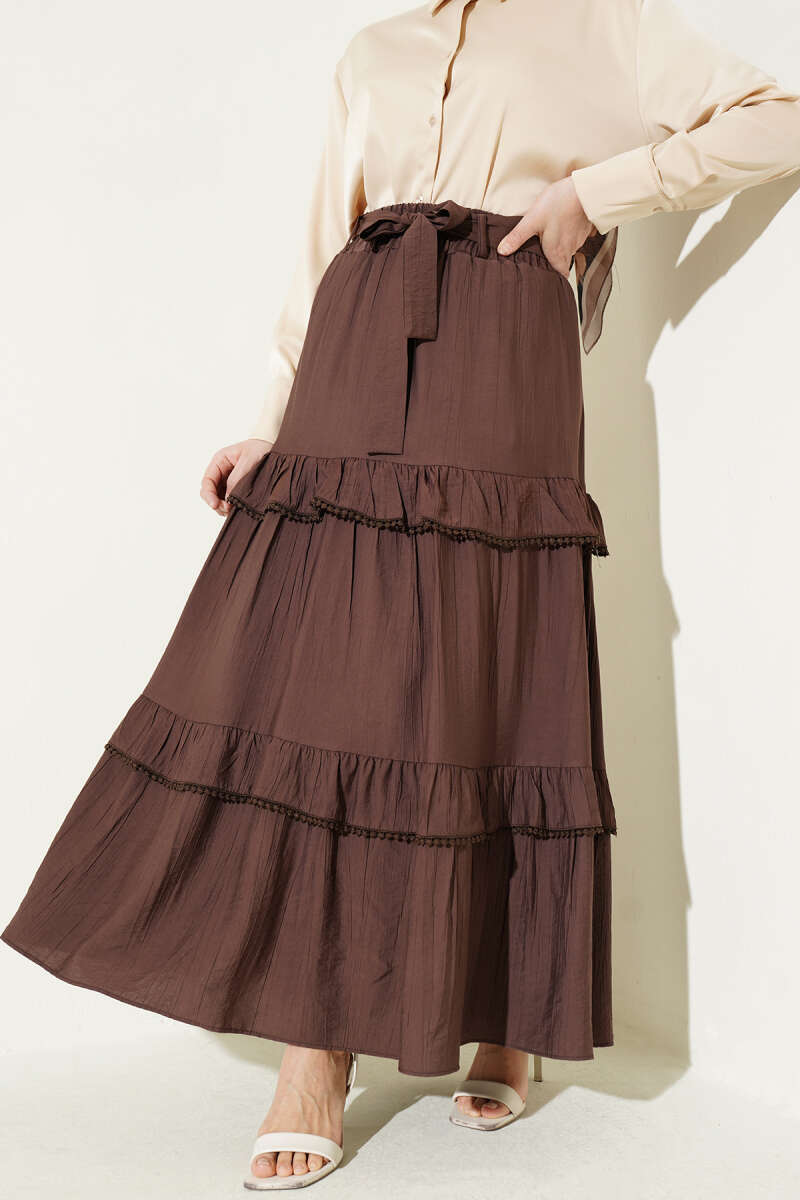 Belted Tiered Flared Skirt - Brown