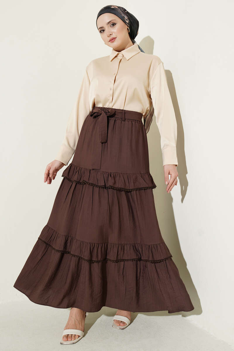 Belted Tiered Flared Skirt - Brown