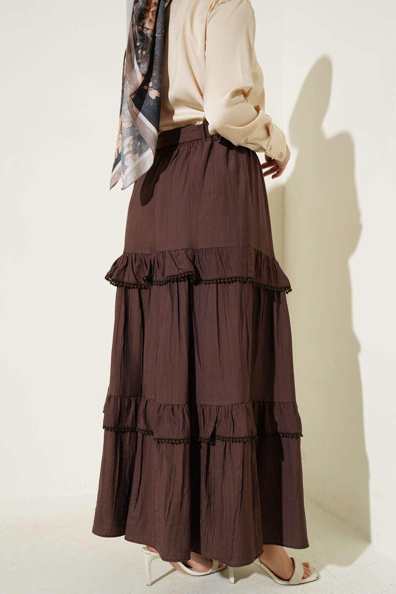 Belted Tiered Flared Skirt - Brown