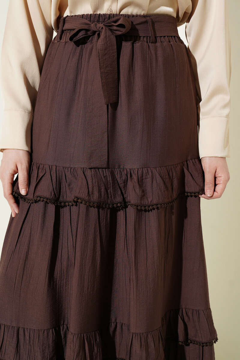 Belted Tiered Flared Skirt - Brown