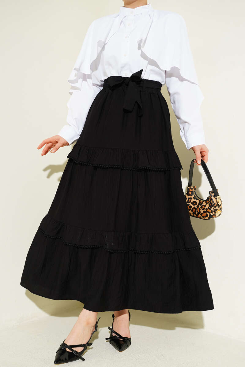 Belted Tiered Flared Skirt - Black