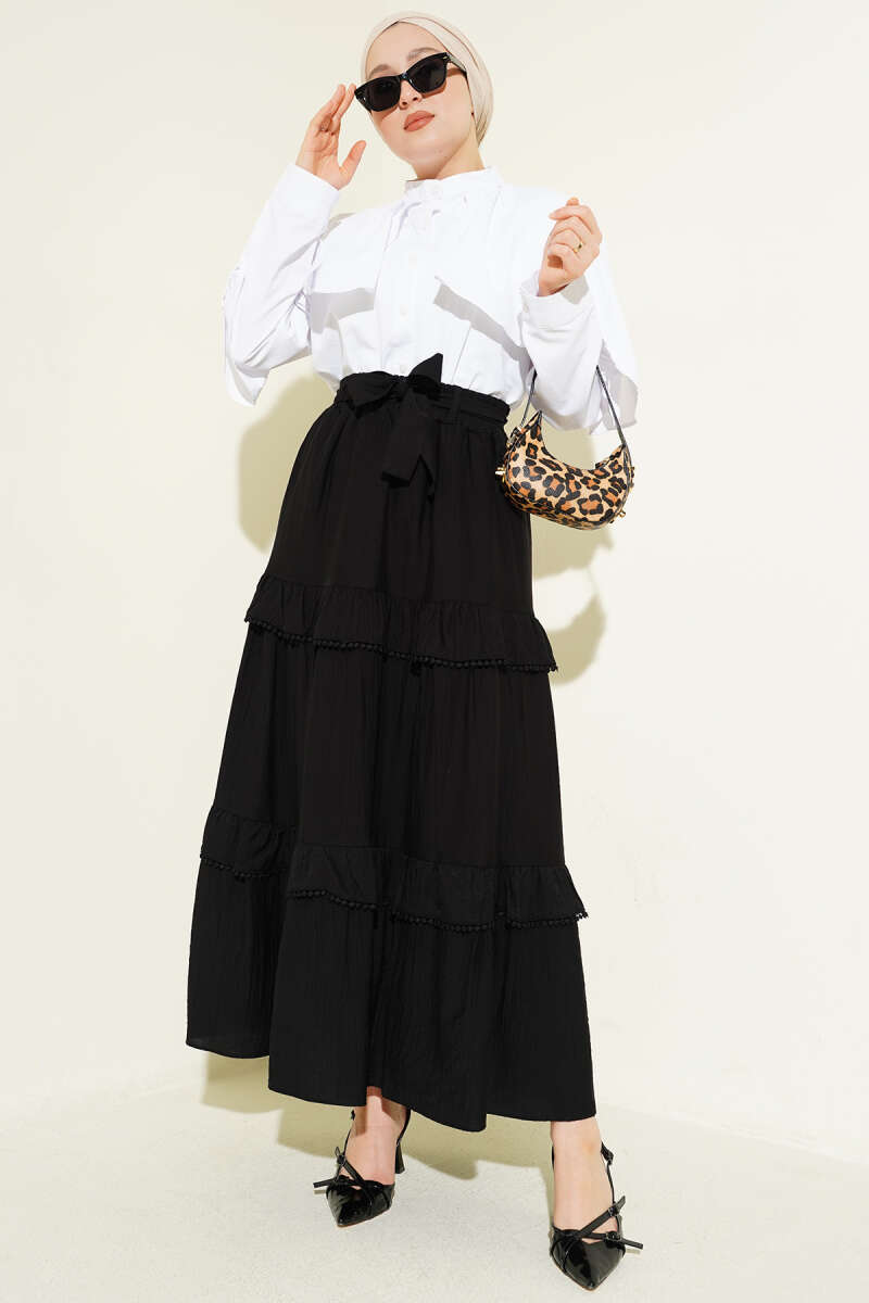 Belted Tiered Flared Skirt - Black