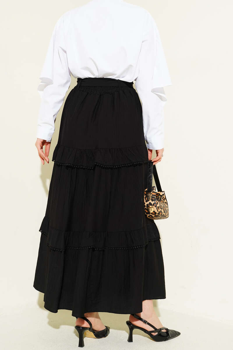 Belted Tiered Flared Skirt - Black