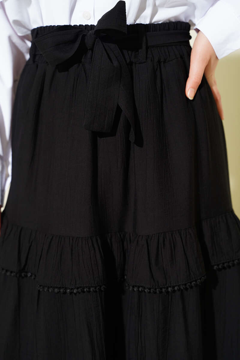 Belted Tiered Flared Skirt - Black