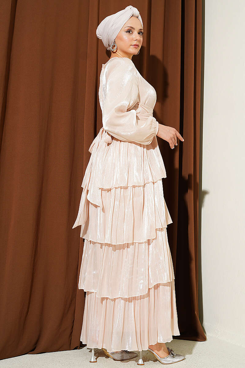 Belted Tiered Evening Dress - Beige