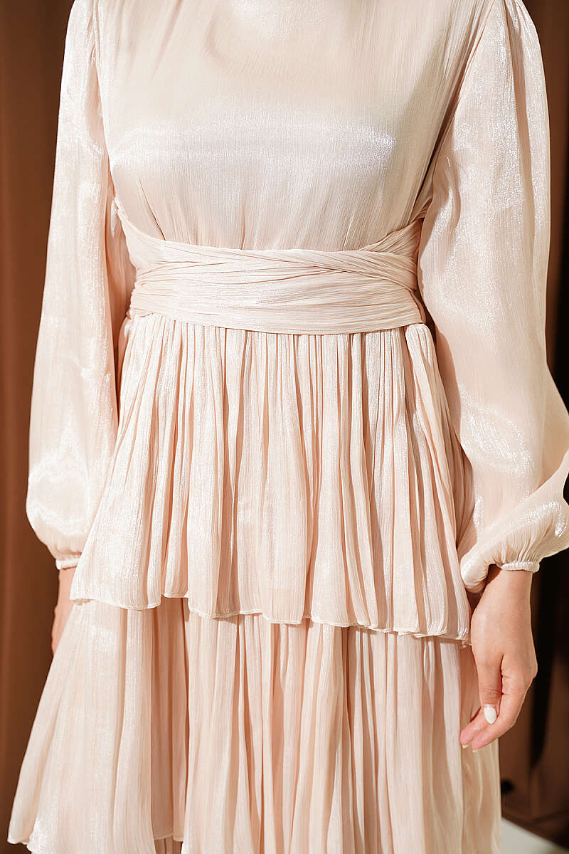 Belted Tiered Evening Dress - Beige
