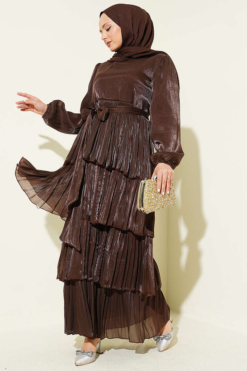 Belted Tiered Evening Dress - Brown