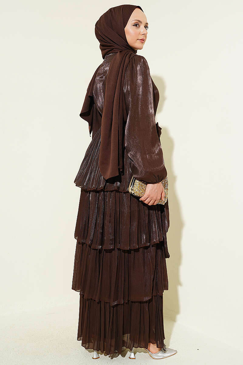 Belted Tiered Evening Dress - Brown