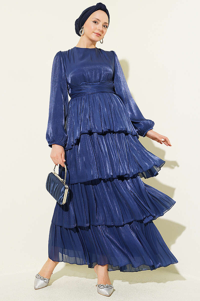 Belted Tiered Evening Dress - Navy