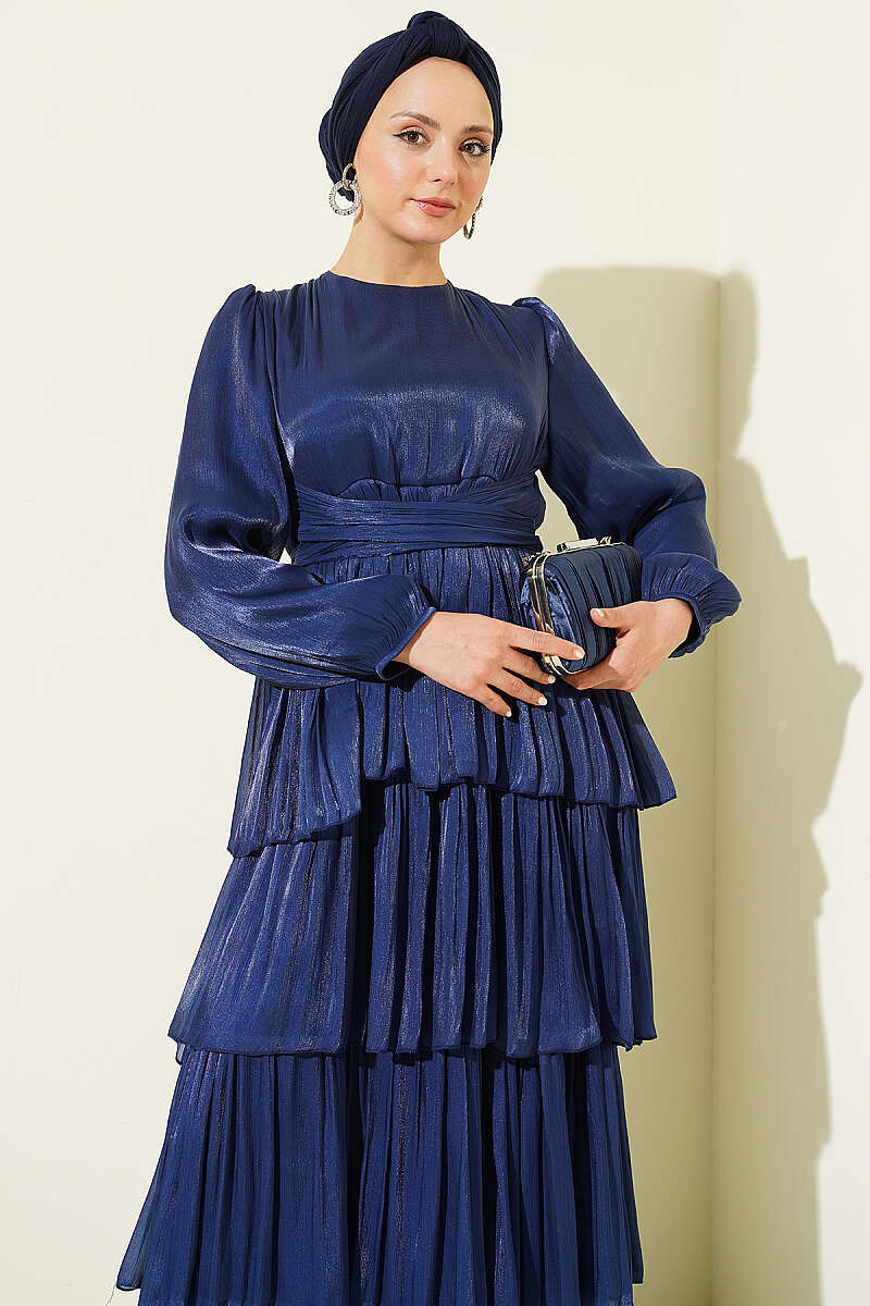 Belted Tiered Evening Dress - Navy