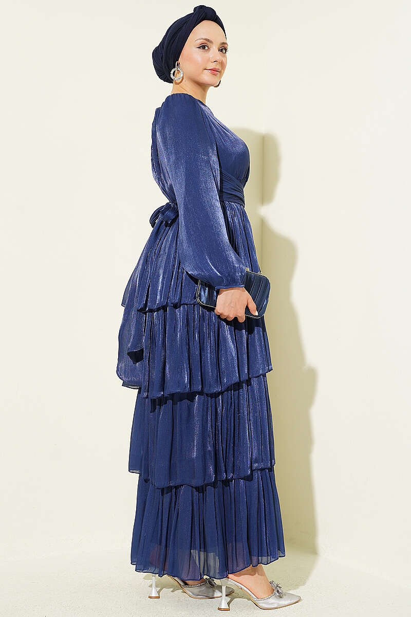 Belted Tiered Evening Dress - Navy