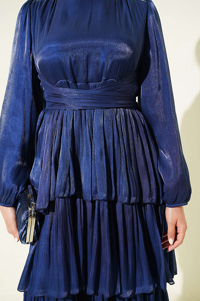 Belted Tiered Evening Dress - Navy