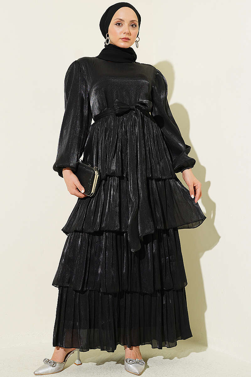 Belted Tiered Evening Dress - Black