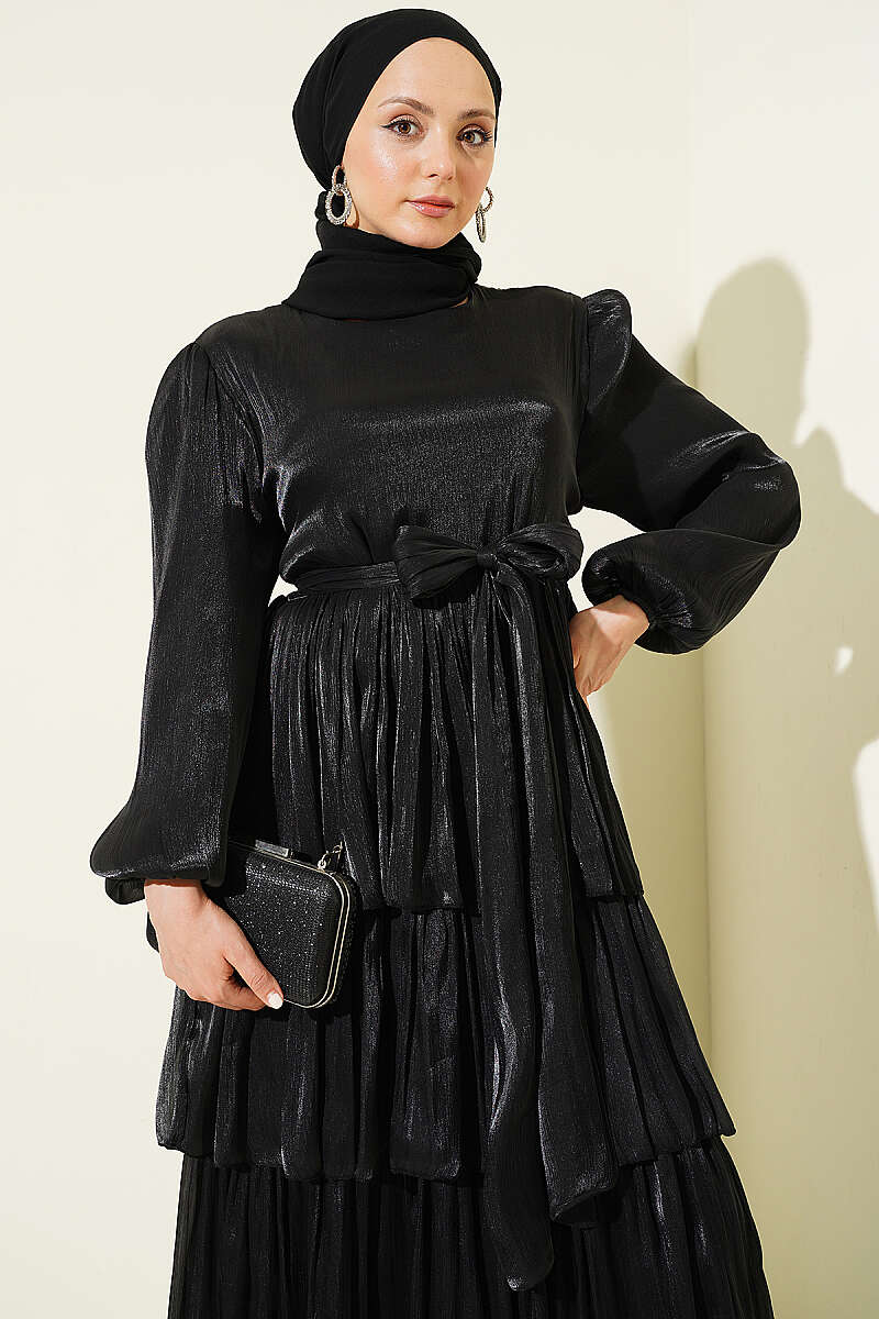 Belted Tiered Evening Dress - Black