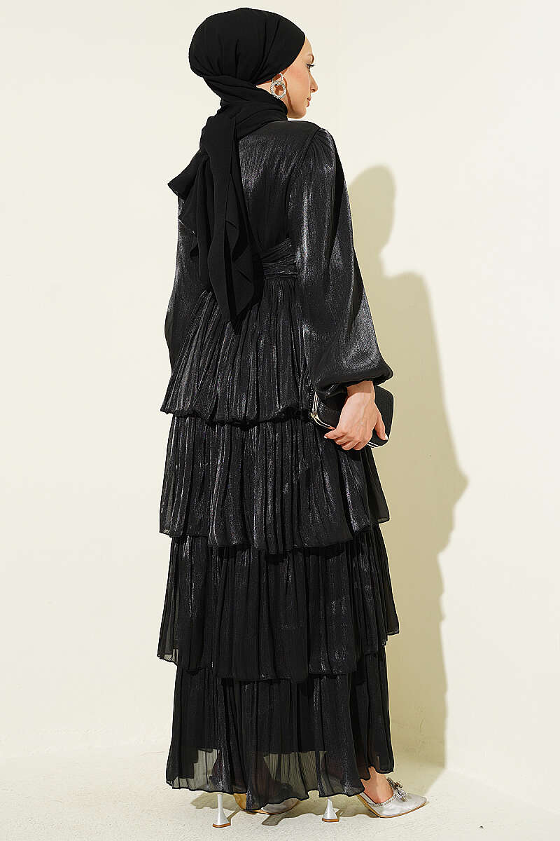 Belted Tiered Evening Dress - Black