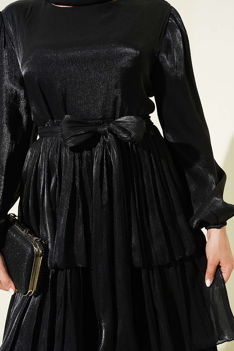 Belted Tiered Evening Dress - Black