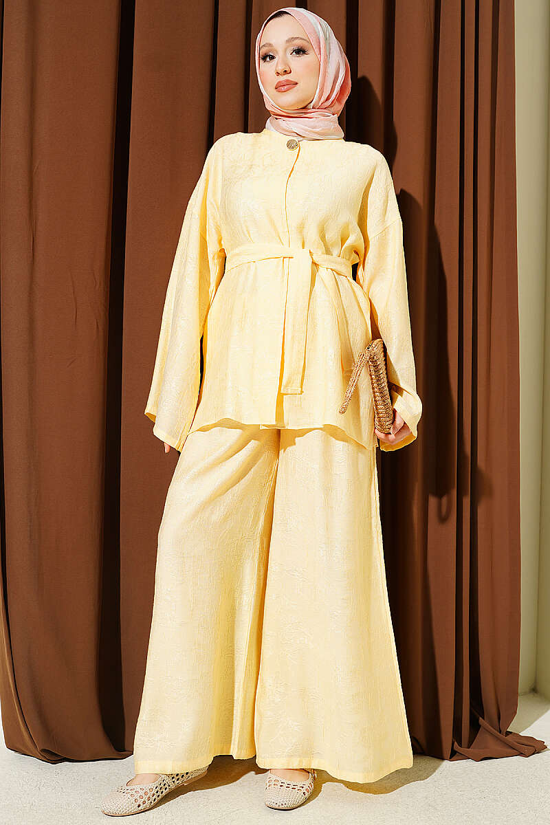 Belted Self-Pattern Two-Piece Set - Gold