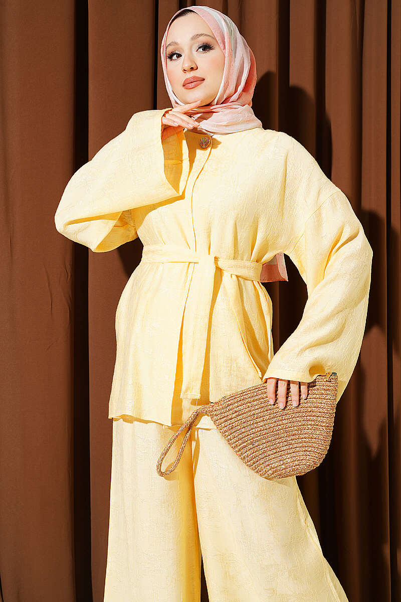 Belted Self-Pattern Two-Piece Set - Gold