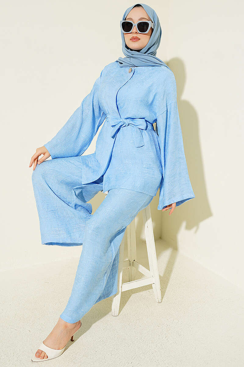 Belted Self-Pattern Two-Piece Set - Blue