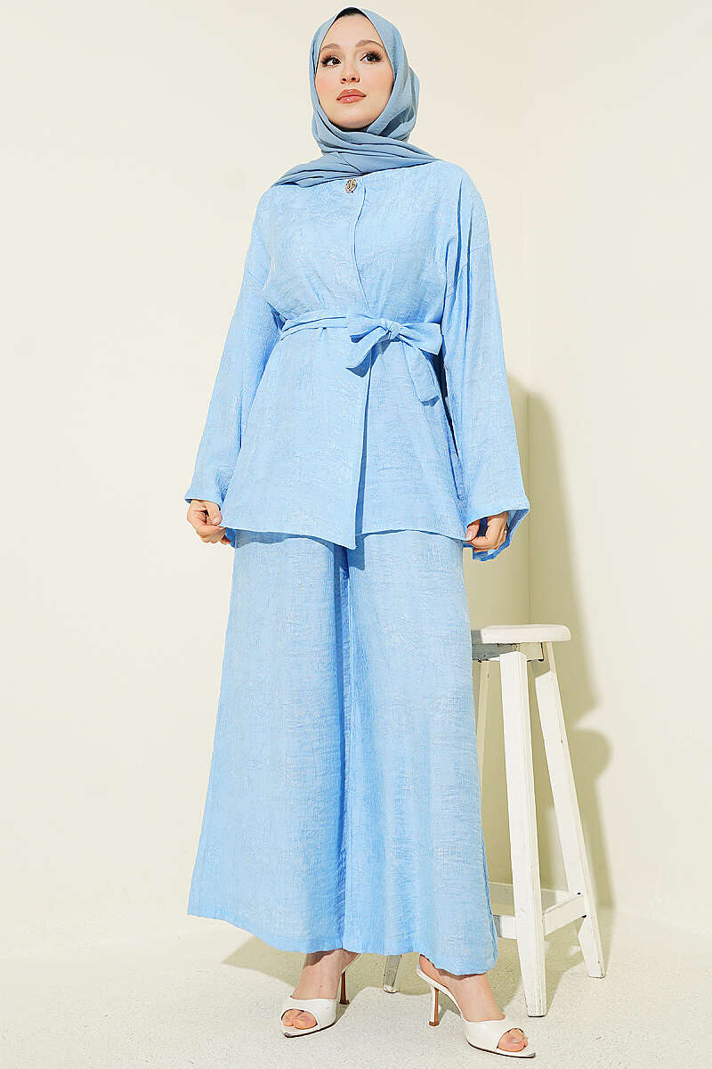 Belted Self-Pattern Two-Piece Set - Blue