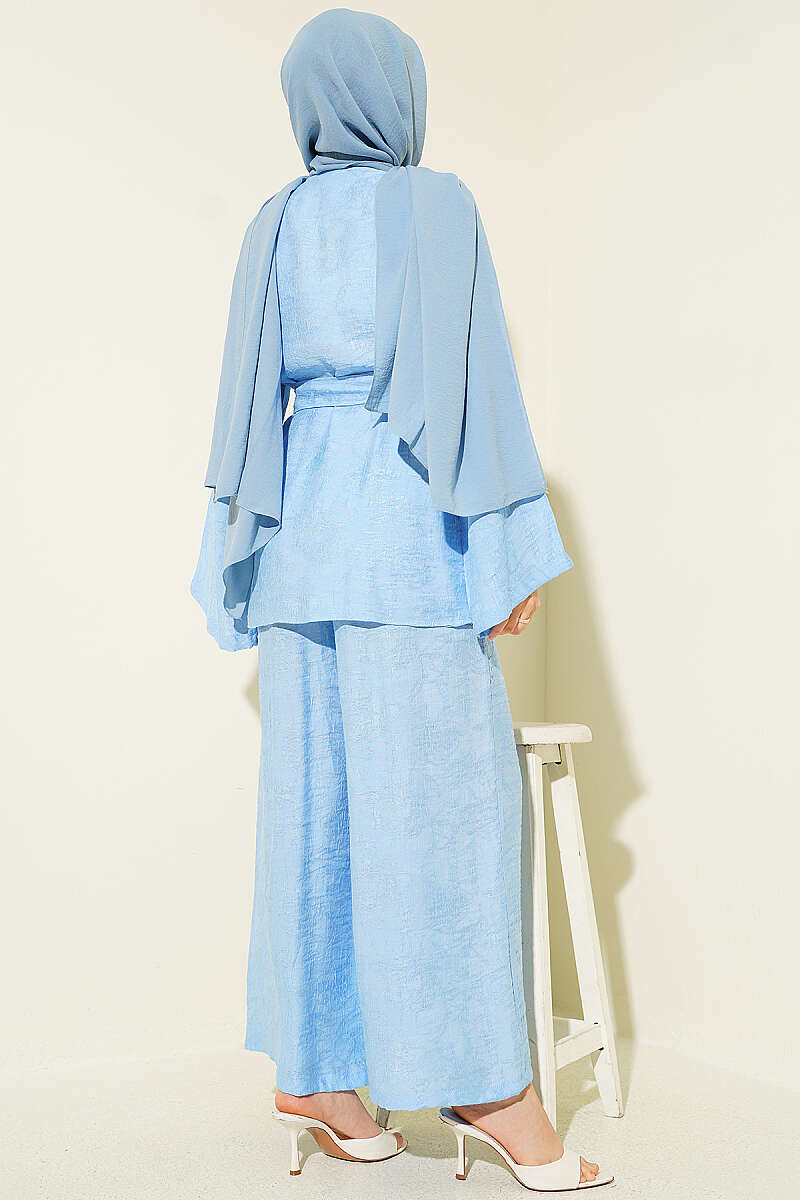 Belted Self-Pattern Two-Piece Set - Blue