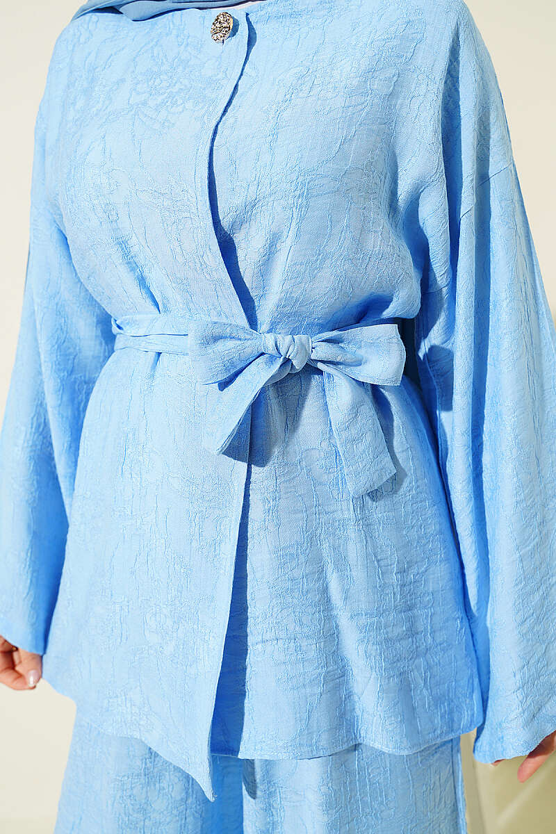 Belted Self-Pattern Two-Piece Set - Blue
