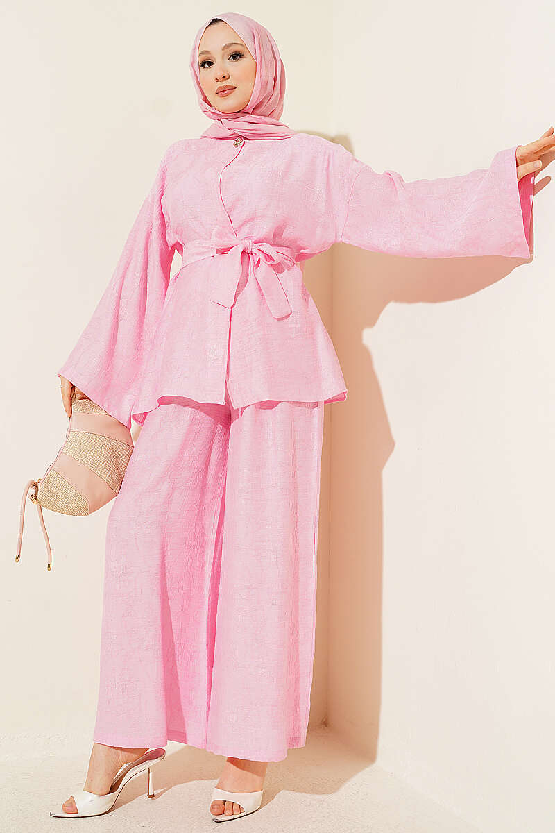 Belted Self-Pattern Two-Piece Set - Pink