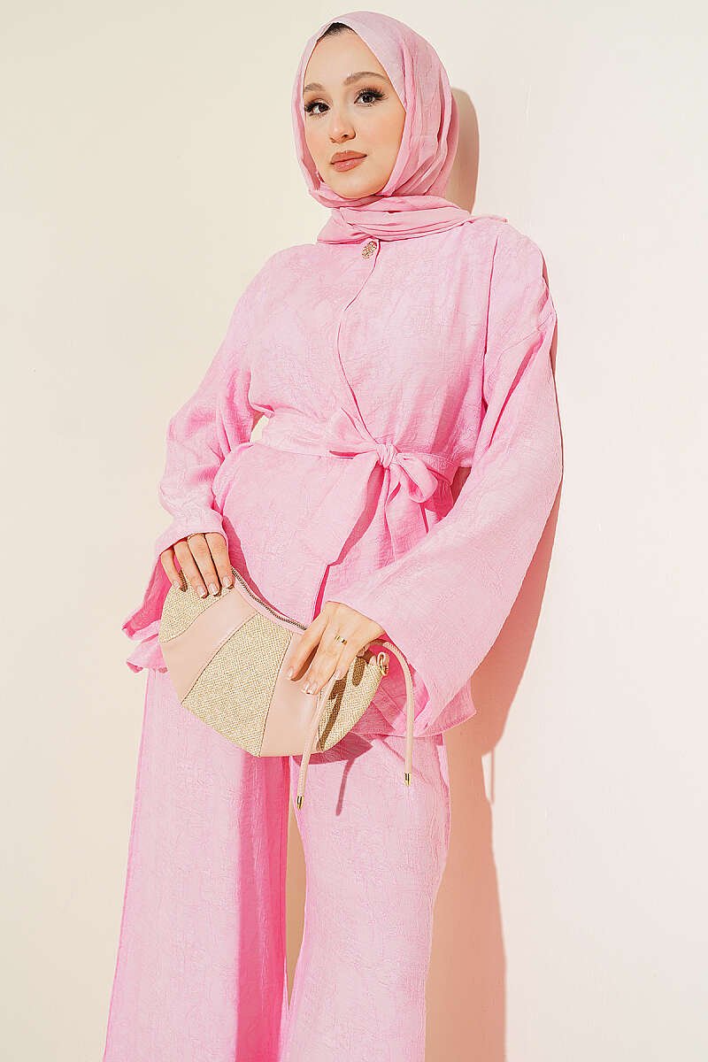 Belted Self-Pattern Two-Piece Set - Pink