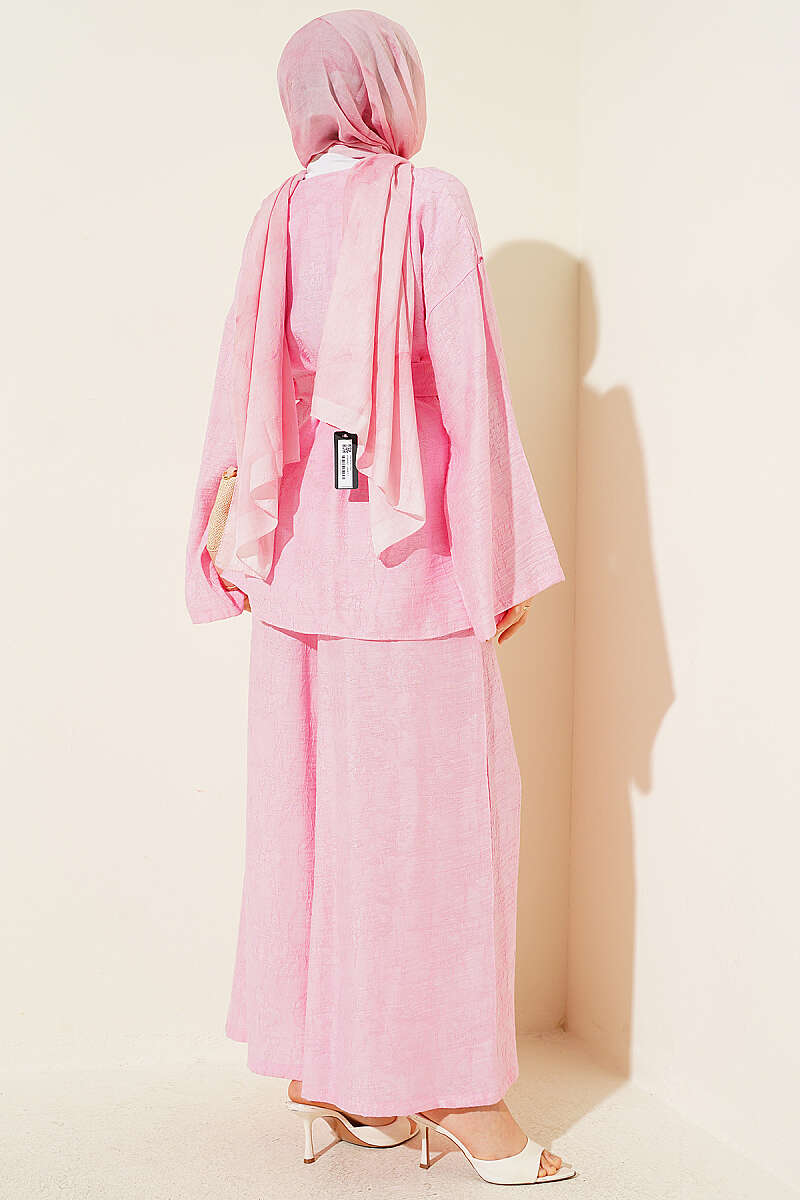 Belted Self-Pattern Two-Piece Set - Pink