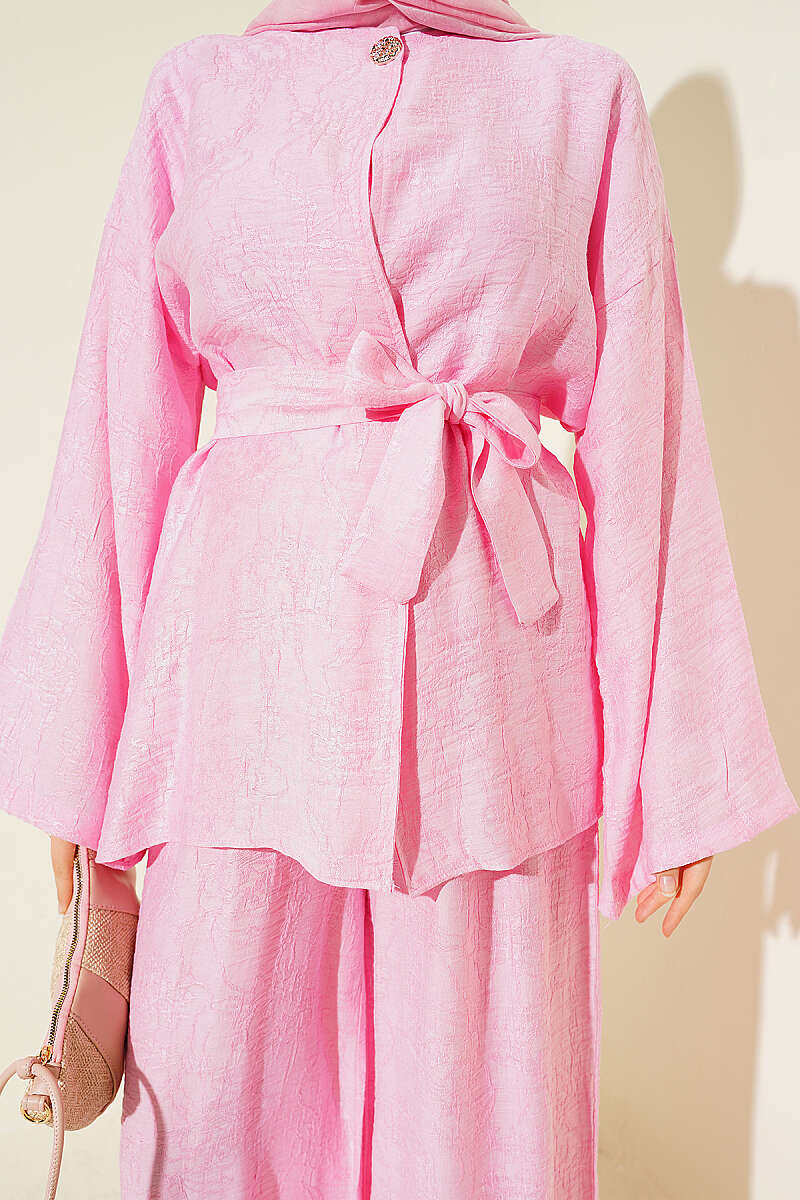 Belted Self-Pattern Two-Piece Set - Pink