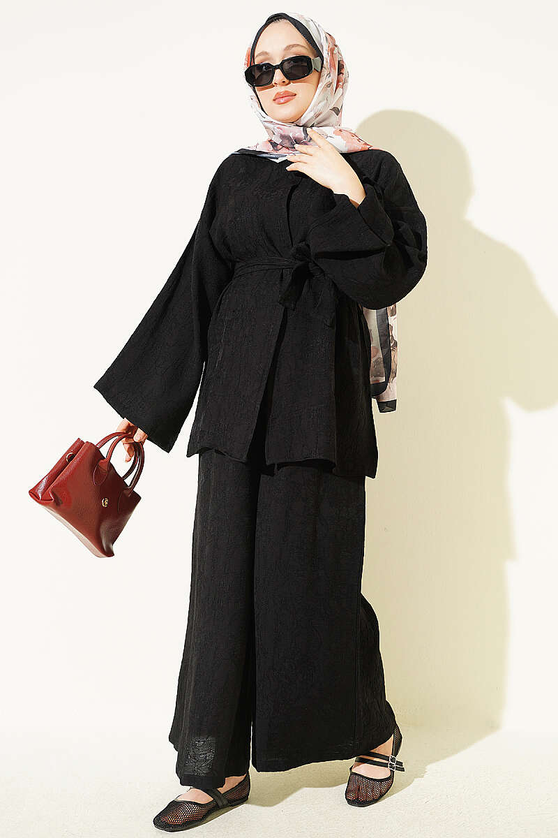 Belted Self-Pattern Two-Piece Set - Black