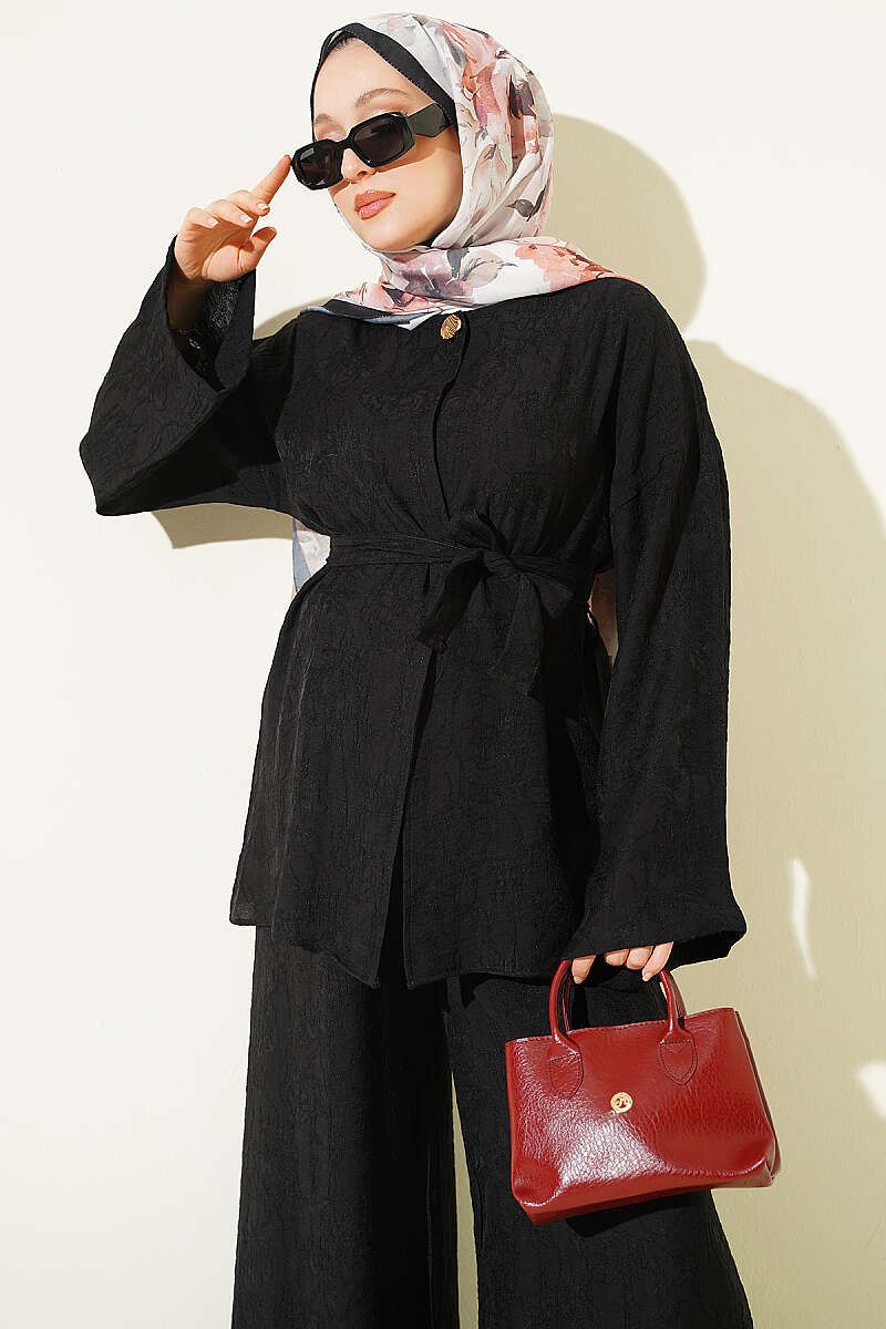 Belted Self-Pattern Two-Piece Set - Black