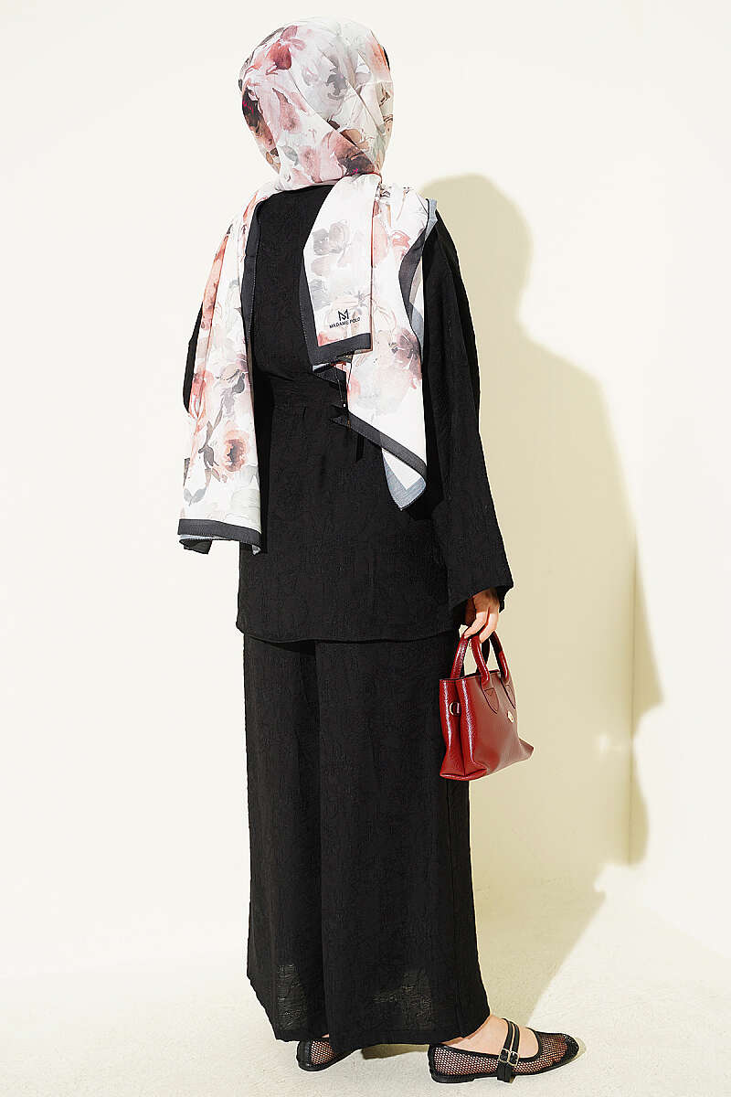 Belted Self-Pattern Two-Piece Set - Black
