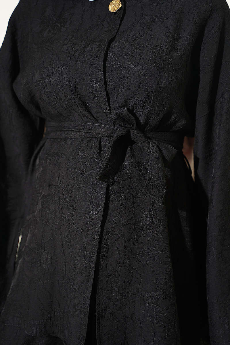 Belted Self-Pattern Two-Piece Set - Black