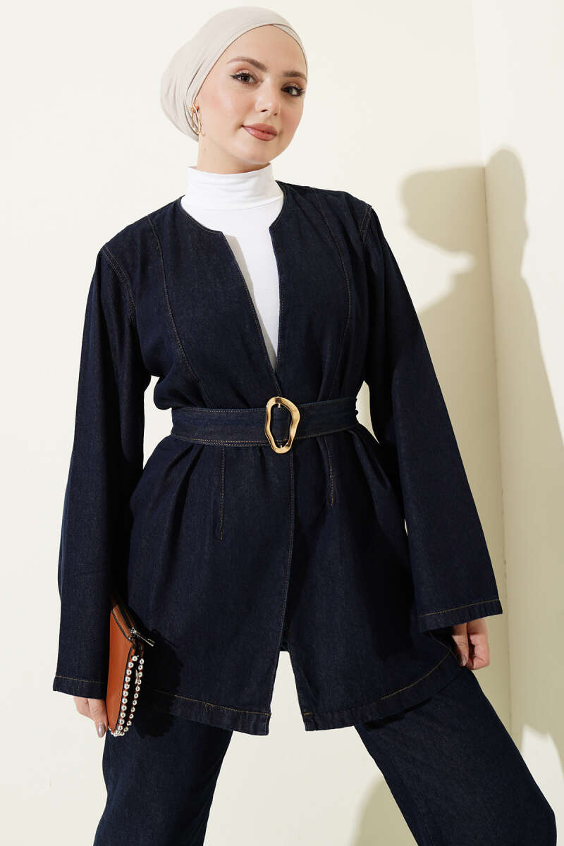 Belted Denim Kimono Two-Piece Set - Navy
