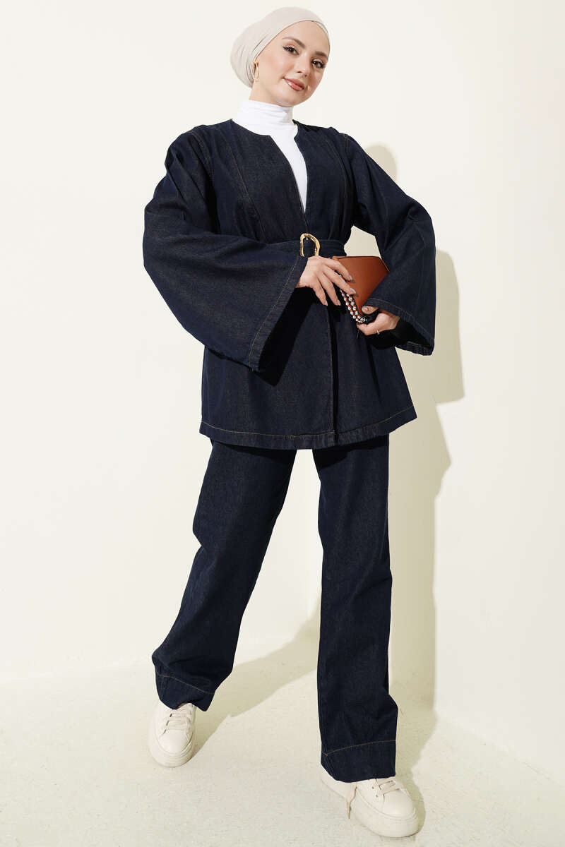 Belted Denim Kimono Two-Piece Set - Navy