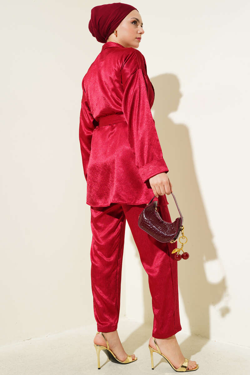 Belted Crinkle Satin Two-Piece Set - Burgundy