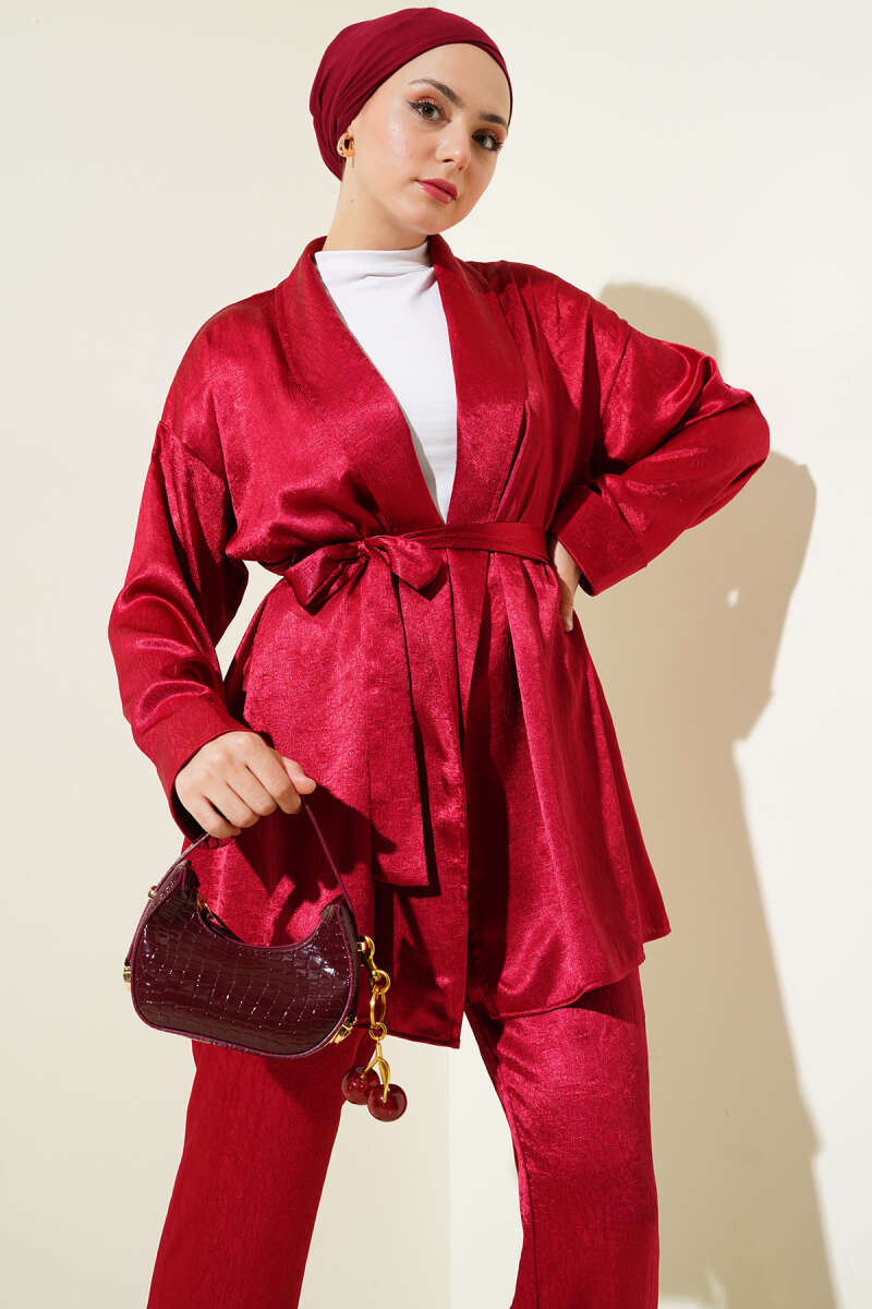 Belted Crinkle Satin Two-Piece Set - Burgundy