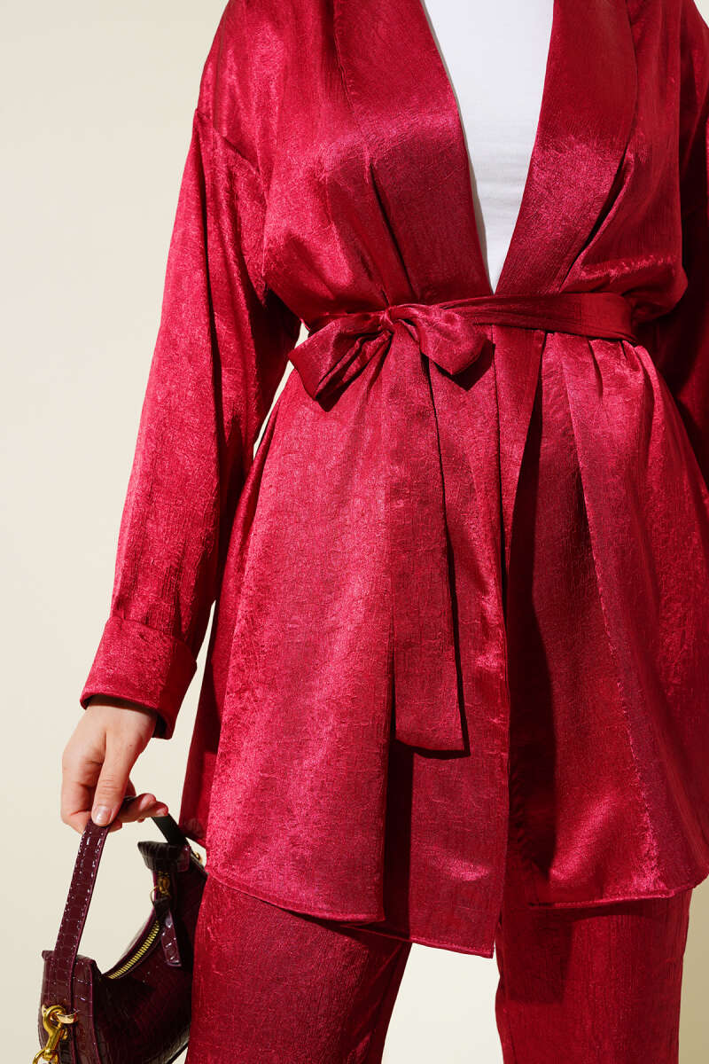 Belted Crinkle Satin Two-Piece Set - Burgundy