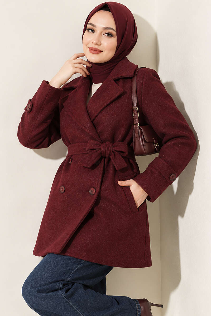 Short Belted Double-Breasted Felt Coat - Burgundy